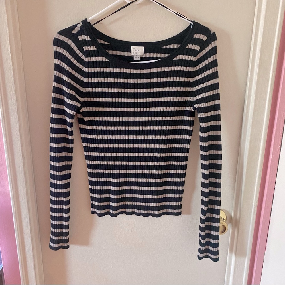 A New Day Black and Grey Stripe Rib Knit Sweater